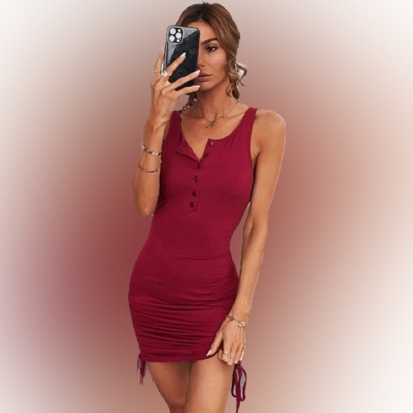 Ribbed Side Ruched Lace Up Mini Dress Wine Red - Picture 3 of 9